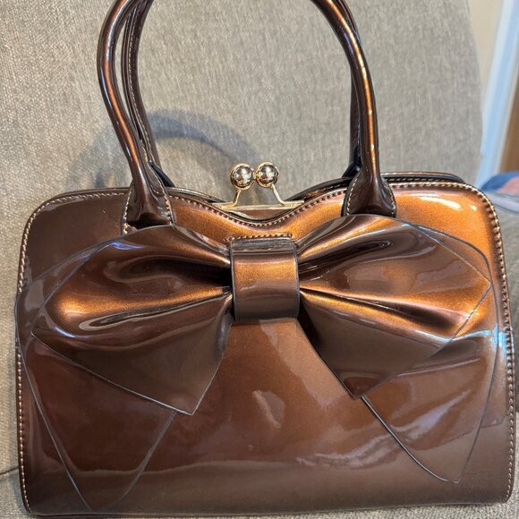 Shiny Brown Satchel Bow Handbag - Picture 1 of 10